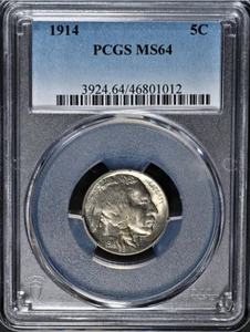 :1914-P 5C INDIAN BUFFALO NICKEL PCGS MS64 FORE-NECK DIE CLASH LETTERS & NOSE - Picture 1 of 5