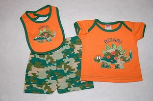 Toddler Boys Shorts Set THREE PIECE Orange Tee CAMO SHORTS Bib 6-9 Mo DINOSAUR - Picture 1 of 1