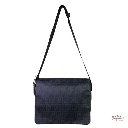 Autentica borsa a tracolla Fendi nera stampa zucca rivestita in tela messenger