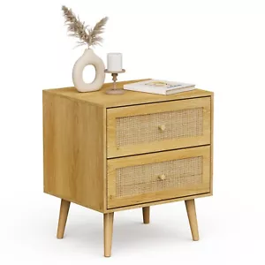 Bedside Table with Natural Rattan Drawers, Side Table with 2 Drawers - VonHaus - Picture 1 of 8