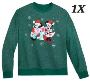 2023 Disney Parks Santa Mickey & Minnie Green Holiday Pullover Sweatshirt 1X NWT - Picture 1 of 7