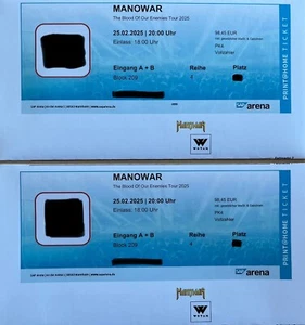 2x Tickets Sitzplatz, Block 209, MANOWAR Blood of Enimies Mannheim 25.02.2025 - Bild 1 von 2
