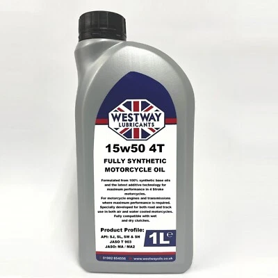 1L Fully Synthetic 15W/50 15W50 Motorcycle Oil 4 Stroke JASO MA2 15W-50 API SL - Image 1 of 4