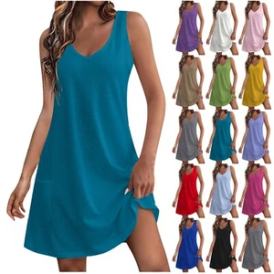 Women's Casual Sundress Summer Boho Beach Dress Solid V Neck Loose Tank Dresses - Picture 1 of 62
