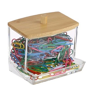 Clear Paper Clip Holder With Bamboo Lid Thick Acrylic Selfdispensing Office Supp - Picture 1 of 7