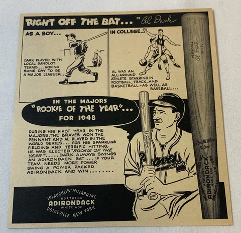 1949 Adirondack baseball bats ad ~ AL DARK Boston Braves Cover