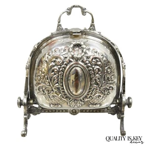 Antica scatola scaldabiscotti inglese Sheffield vittoriana Repousse placcata argento - Foto 1 di 11