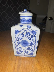 Kobaltblau und Weiß Chinoiserie Glas & Deckel, Porzellan Blumenmuster 8" Vintage - Bild 1 von 5