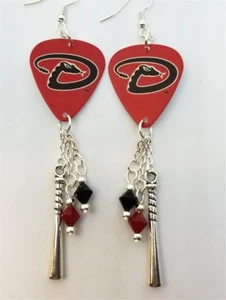 MLB Diamondbacks Guitar Pick Earrings with Charm and Swarovski Crystal Dangles - Picture 1 of 1