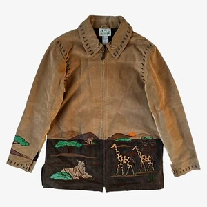Vintage 90s Women's Animal Safari Scene Brown Leather Jacket, Africa Retro Suede - Picture 1 of 11
