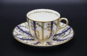 Early 1800s Porcelain Cup & Saucer with Blue & Grey Stripes and Gold Ivy Pattern - Picture 1 of 17