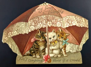 Antica cartolina San Valentino fustellata gatti seduti sotto l'ombrellone Ernest Nister Germania - Foto 1 di 8