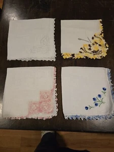 4 Vintage White Embroidered Handkerchiefs Hankies with Crocheted Edges - Picture 1 of 15
