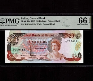 Belize 20 Dollars 1987 P-49b * PMG Gem Unc 66 EPQ * Queen Elizabeth * - Picture 1 of 8