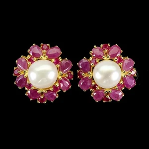 925 Sterling Silver Earrings Pear Ruby 4x3mm Pearl Natural Gemstone Jewelry - Picture 1 of 14