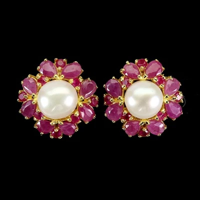 925 Sterling Silver Earrings Pear Ruby 4x3mm Pearl Natural Gemstone Jewelry - Image 1 of 4