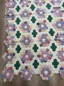 Vintage Grandmother's Flower Garden Quilt Hand Sewn Pieced 73” X 73” - Picture 1 of 18