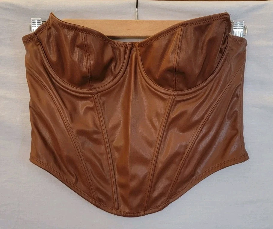 Womens Brown Faux Leather Corset Sz M 28in Overbust Bustier Kitty Fairy Festival - Image 1 of 4