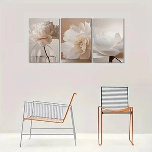 3pcs Modern Minimalist White Peony Flower Wall Art Canvas Unframed/Framed - Picture 1 of 8