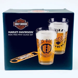 Harley Davidson Pint Glass Set w/ Bottle Opener Ride Free  - HDL-18798 RARE HTF - Picture 1 of 2
