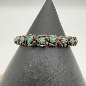 Vintage Mexican Sterling Silver Turquoise Cuff Bracelet Floral 925 Taxco Hecho - Picture 1 of 4