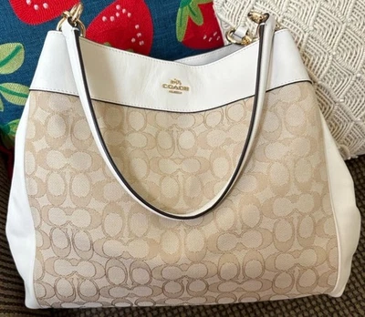Coach F57612 Chalk White Khaki Lexy Hobo Bag Signature Jacquard Fabric & Leather - Image 1 of 4