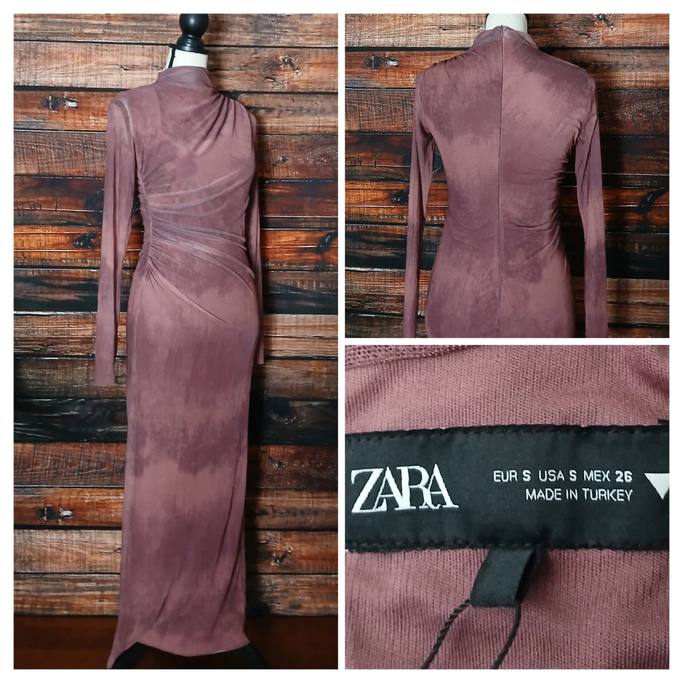 Maxi Vestido Zara S Malla Bodycon Manga Larga Acanalado Malva Púrpura Tie Dye Cremallera Nuevo con Etiquetas Foto 1 de 4