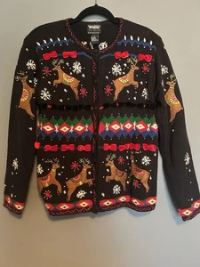 Christmas Sweater Women Small Cardigan Designer Originals Studio Black Reindeer - Picture 1 of 11