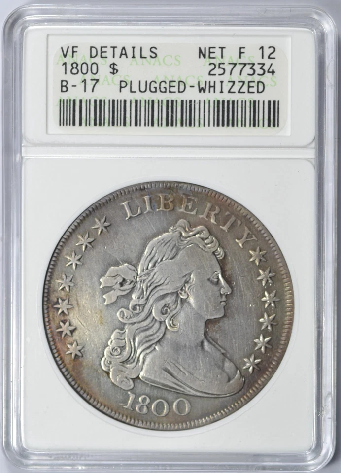 1800 DRAPED BUST SILVER DOLLAR B-17 ANACS VF DETAILS SOLID COIN - Image 1 of 3
