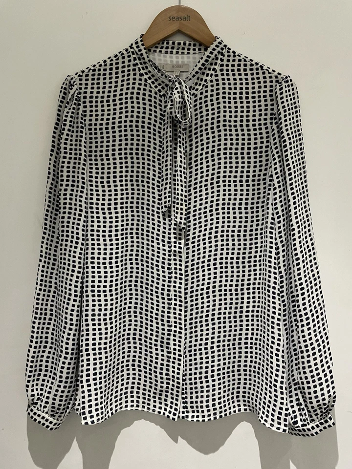 Hobbs Pussy Bow Blouse Size 14 Monochrome Button Up Shirt Smart Geometric - Image 1 of 4