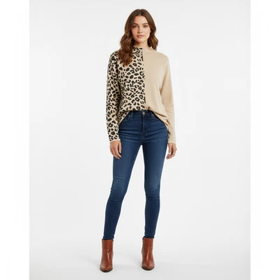Suéter New York & Company Mujer Pequeño Marrón Beige Cuello Simulado Estampado Leopardo Foto 1 de 4