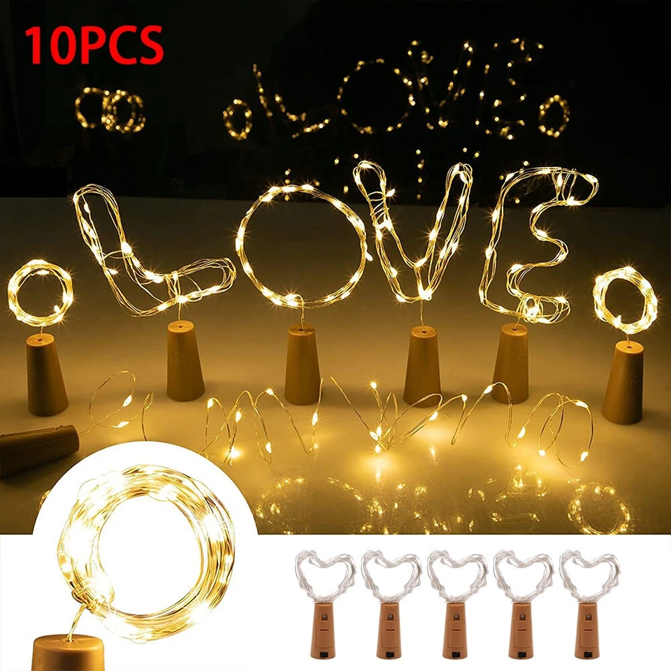 Paquete de 10 luces de cadena de hadas para botellas de vino 20 LED batería corcho para fiesta boda 2M Foto 1 de 4