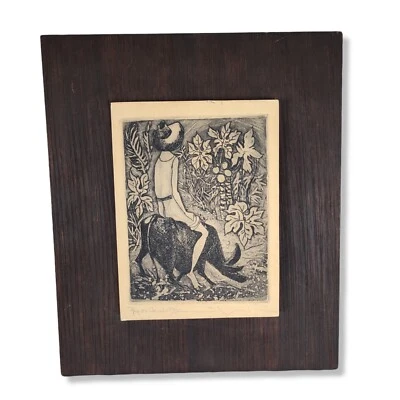 Manuel Rodriguez Sr Boy on Carabao Etching Drawing 1950s Mounted Signed 33/50 - Image 1 of 4