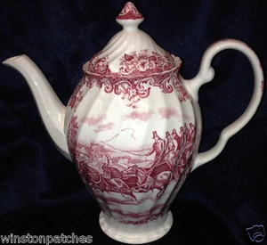 JOHNSON BROTHERS COACHING SCENES PINK COFFEE POT 54 OZ SWIRL SHAPE RIM REGENCY - Picture 1 of 12
