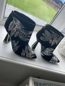 NEW Kat Maconie Lucie black suede boots silver sequined leaf applique 5 (38) - Picture 1 of 10