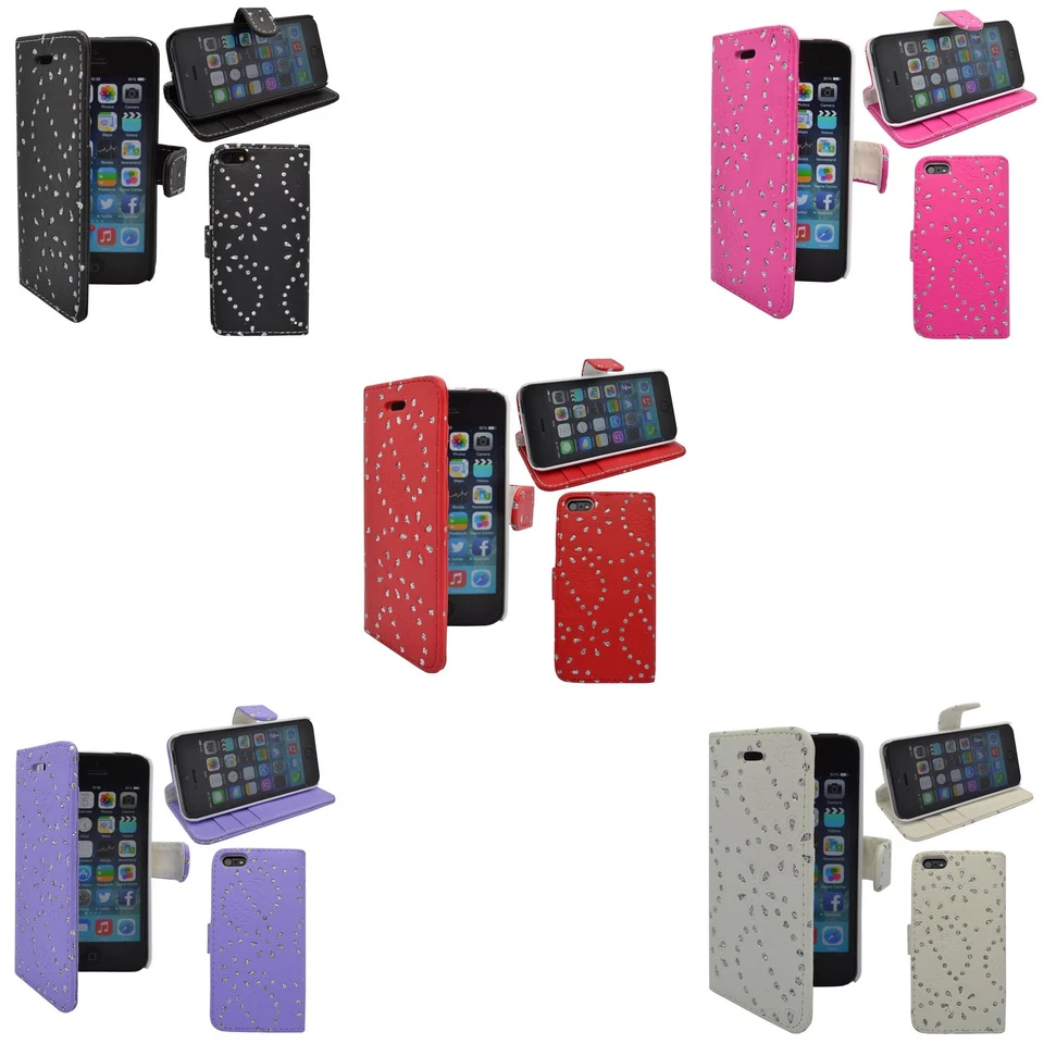 CASE FOR APPLE IPHONE 5 5S GLITTER WALLET FLIP IN VARIOUS COLOURS POUCH COVER - Image 1 of 4