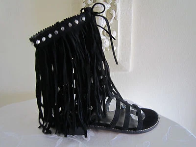 STUART WEITZMAN BLACK SUEDE FRINGE BENEFIT GLADIATOR STUDDED SANDALS 5 NEW - Image 1 of 4