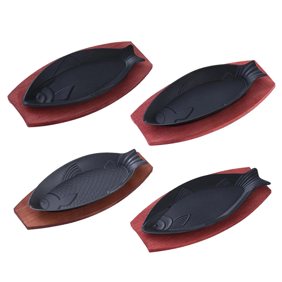 Steak Fry Plate Fish Shaped Vegetables Grill Pan with Wooden Tray Sizzling Steak - Image 1 of 1