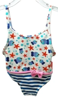 Mayo Parasol  maillot de bain blanc rayé bleu poissons noeud bébé 12 mois - Photo 1/2