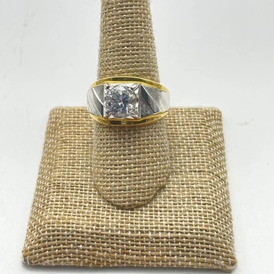 Anel masculino de dois tons marcado 14Kt G.E. Banda de declaração ESPO Solitaire CZ - Imagem 1 de 4