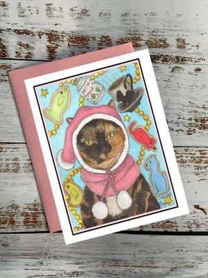 Cute Tortie cat dressed in a pink snow hat whimsical holiday card, notecard #484 - Image 1 of 2