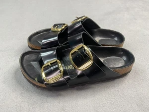 Birkenstock Sandals Womens 38 Black Arizona Big Buckle Gold Patent Leather Shoes - Picture 1 of 8