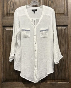 Women's AGB White Crinkle Gauze 3/4 Sleeve Button Down Blouse Size XL Coverup - Picture 1 of 7