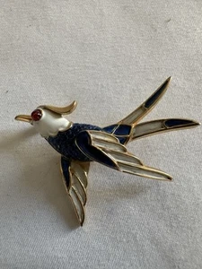Vintage Crown Trifari Blue Enamel Swallow Bird Brooch Pin 1960s Signed Jewelry - Picture 1 of 6