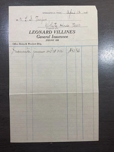 Carta intestata assicurazione generale Leonard Villines anni '20 Springfield Tn B49 - Foto 1 di 3