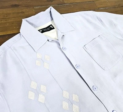 Винтажная шелковая рубашка Jamaica Jaxx мужская L детская синяя вышитая панель боулинг - Изображение 1 из 4