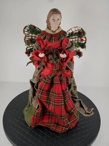 Tartan Plaid Ceramic Angel Tree Topper -  Red Green 16" Tall - Picture 1 of 6