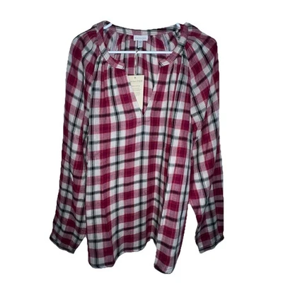 Garnet Hill Organic-Cotton Gauze Plaid Popover Women XL Red Multi Blouse NWT - Image 1 of 4