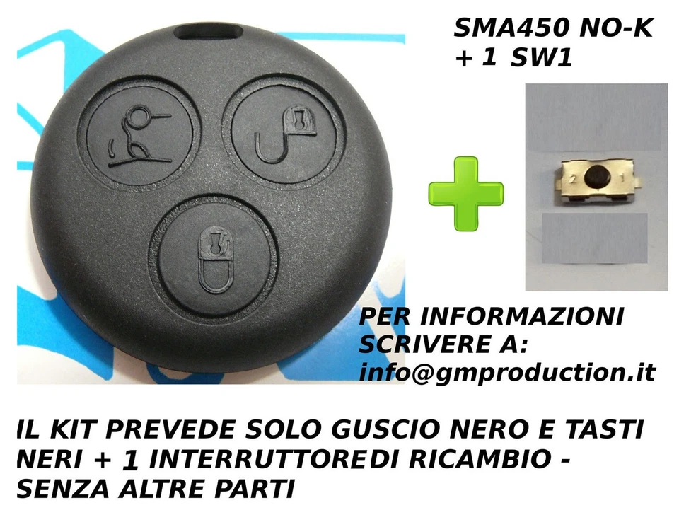 COVER E TASTI NERI SMART FORTWO 450 3 PER CHIAVE TELECOMANDO CON 1 INTERRUTTORE - Immagine 1 di 1