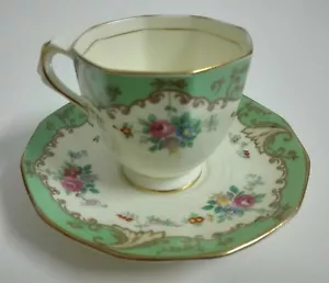 Vintage Plant Tuscan China c1930s Green Multicolored Flowers Cup and Saucer - Picture 1 of 12
